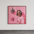 A custom-framed acrylic painting on cotton canvas featuring a portrait with elements of pink, sunglasses, roses, and a skull. The main subject is a man, and the artwork has a bold, expressive style.