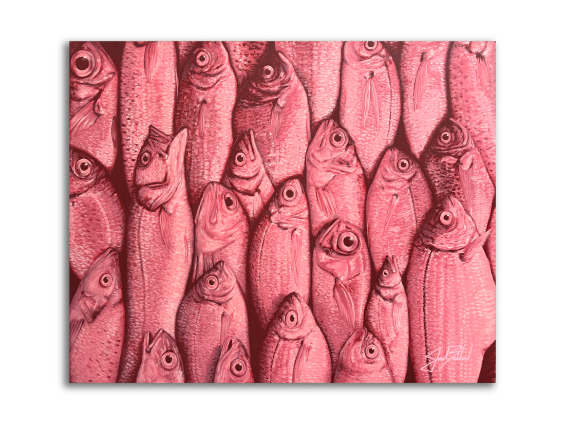A paper print featuring a close-up, patterned texture of pink fish scales, giving the impression of a school of fish.