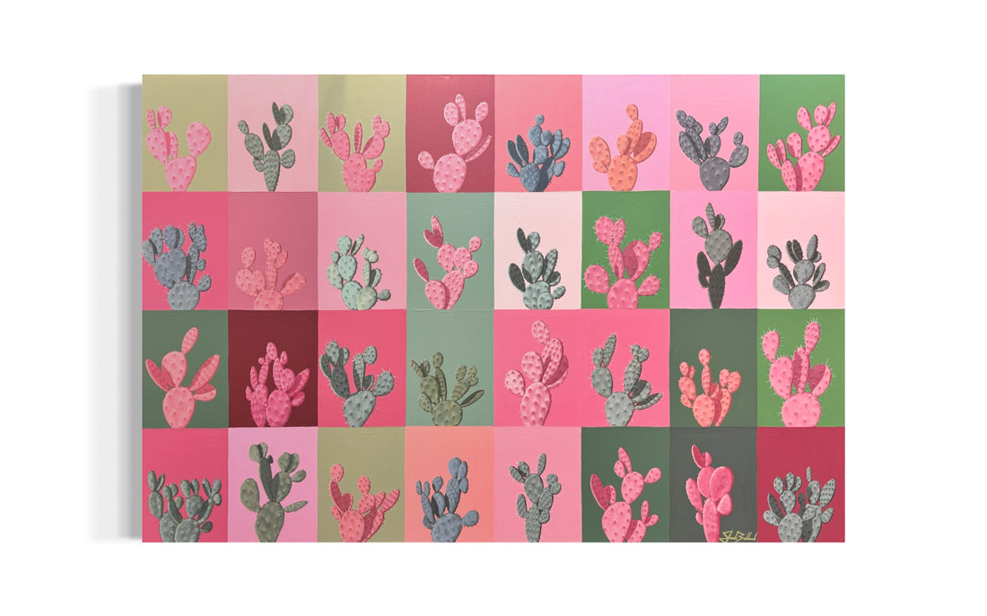 Checkered pattern with cactus illustrations on a pink and green background