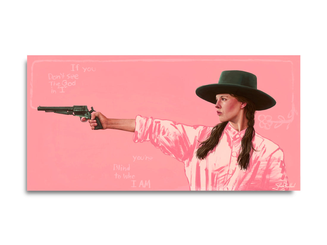 A paper print of a woman in a pink outfit and wide-brimmed hat holding a gun, with text elements in the background.