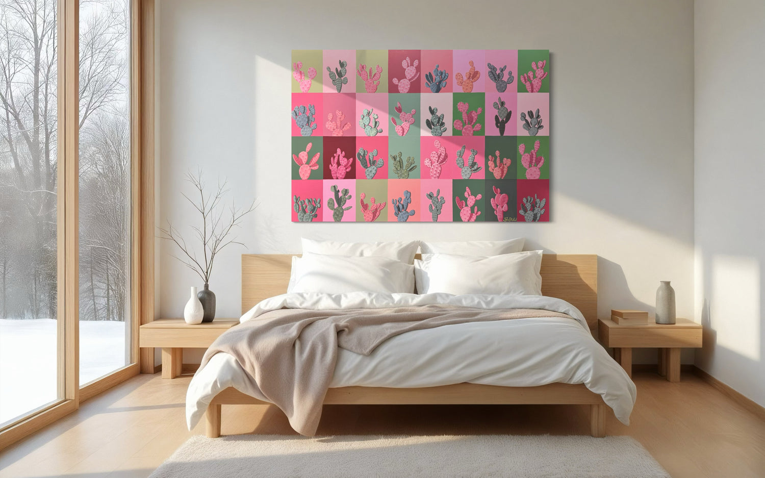 Bedroom with a colorful abstract wall art piece above the bed