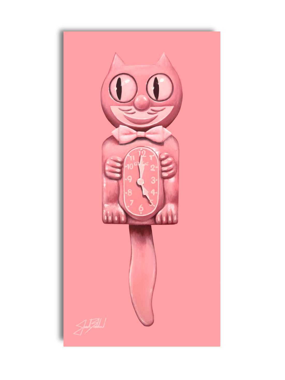 A pink paper print of a stylized cat holding a clock, with a bow tie and a strawberry motif.