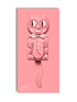 A pink paper print of a stylized cat holding a clock, with a bow tie and a strawberry motif.