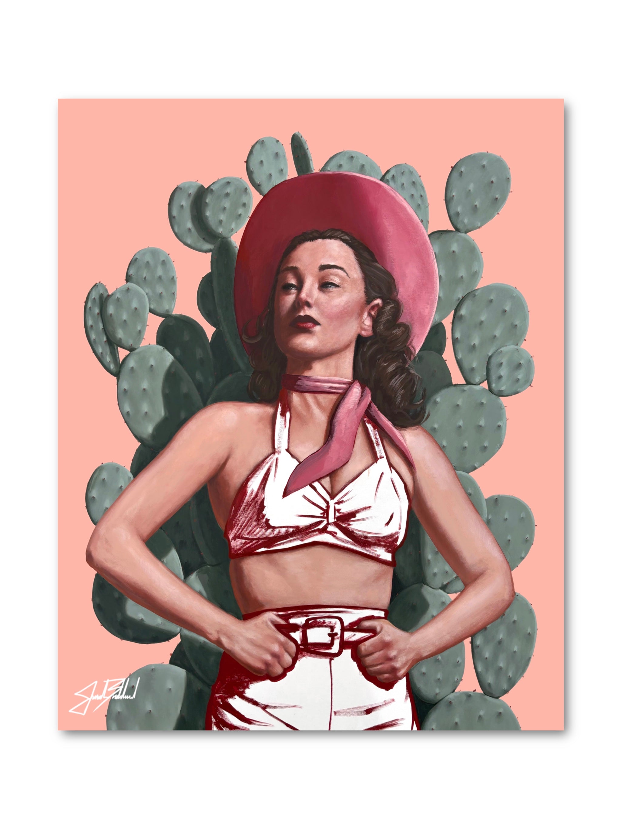 An artistic paper print featuring a stylized woman in a cowboy outfit with a cactus background.