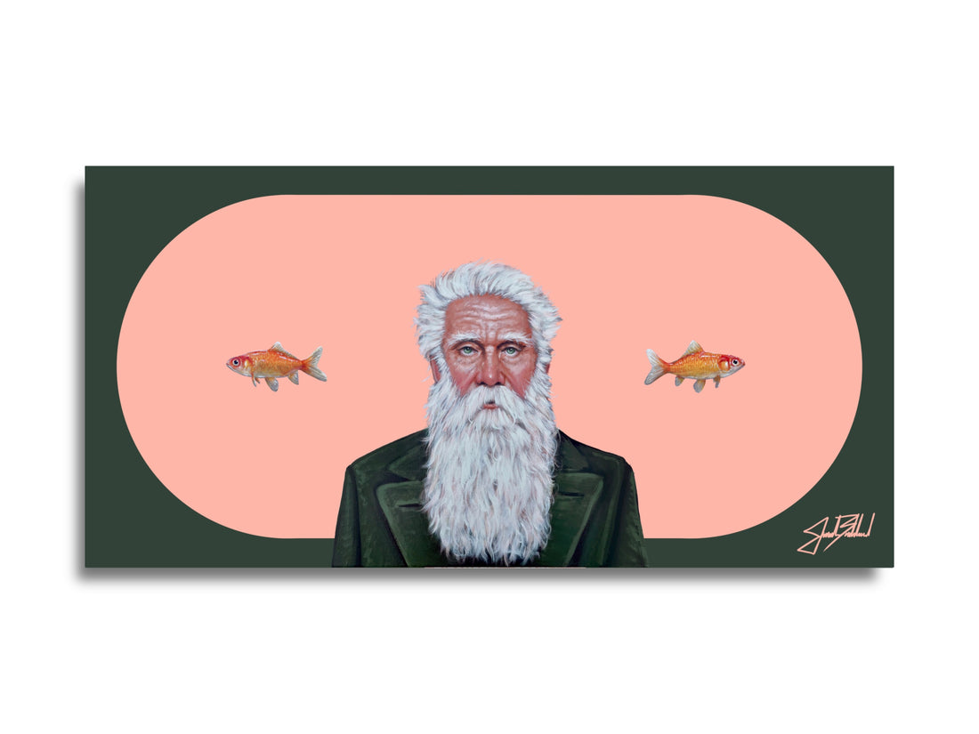 A paper print featuring a portrait of an older man with a long beard, accompanied by two fish illustrations, against a two-tone background.