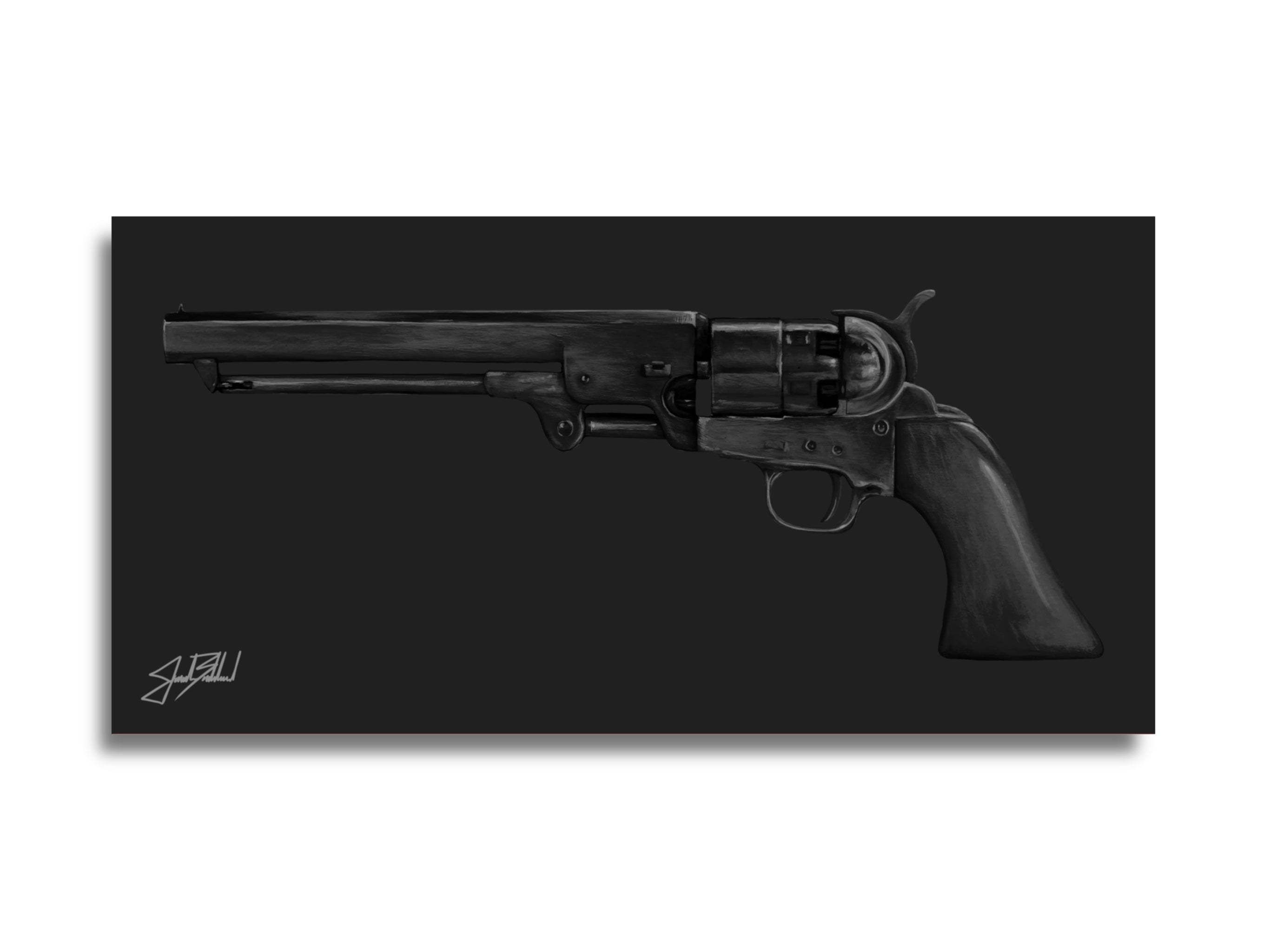 A charcoal paper print of a revolver, with a visible signature on the lower right corner by Jonah Ballard