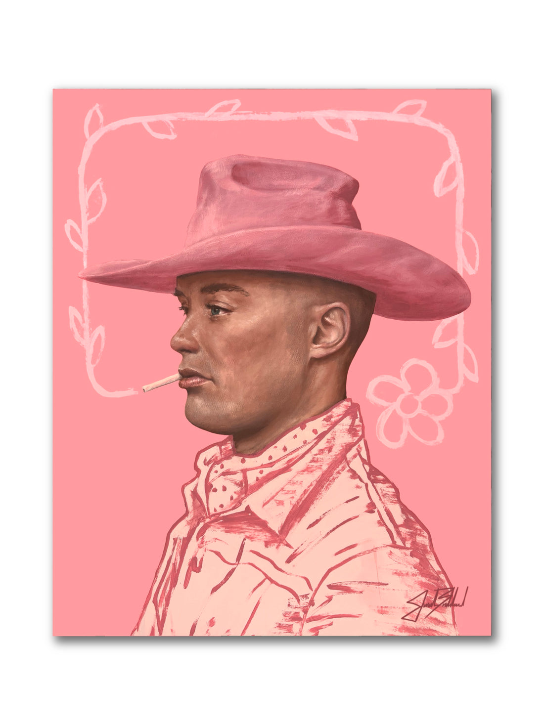 A paper print of a portrait painting depicting a person wearing a pink hat, rendered in shades of pink and with white outlines.