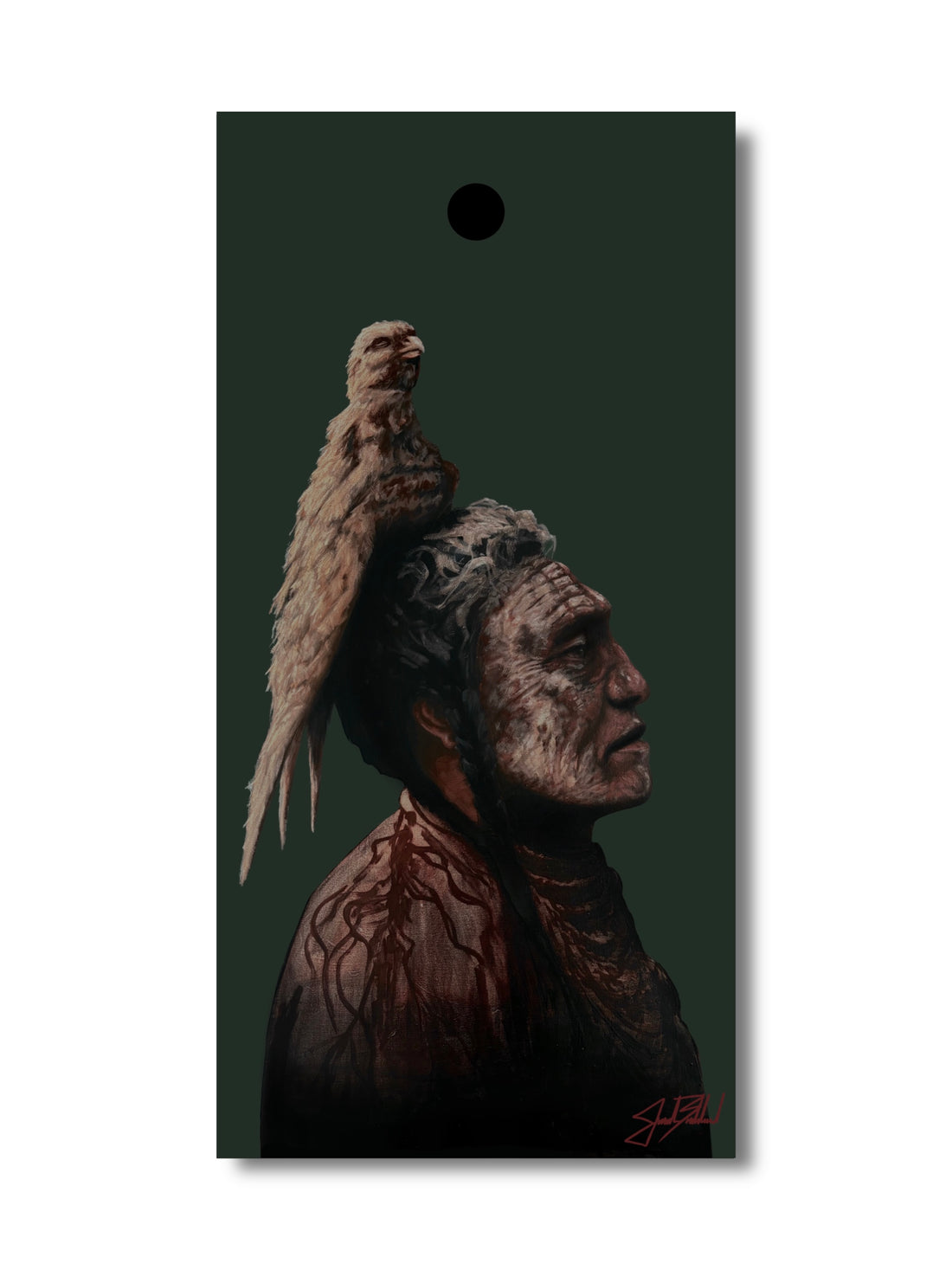 A paper print featuring a portrait of a person with a bird perched on their head, predominantly in dark tones.