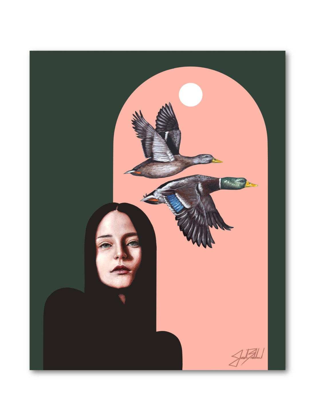 Artwork featuring a portrait of a woman with ducks flying in the background, rendered in a mix of realistic and abstract styles on a paper print.