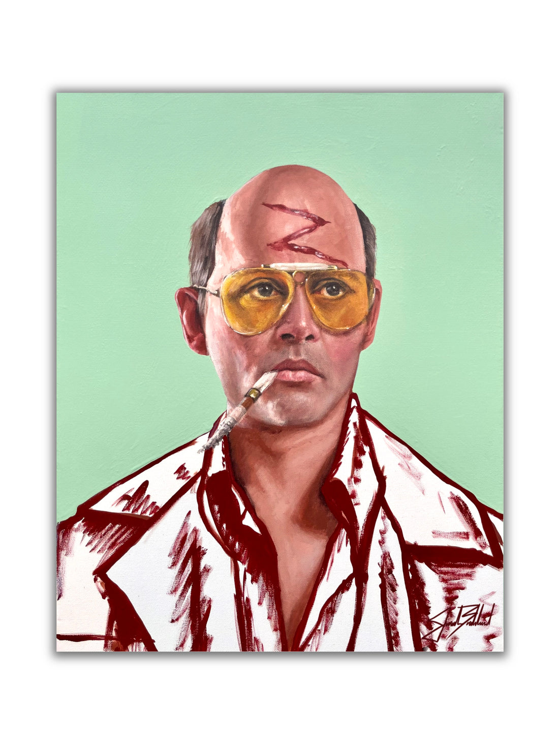 A paper print of a portrait painting depicting a person with a painted face, wearing yellow glasses and a shirt, against a light green background.