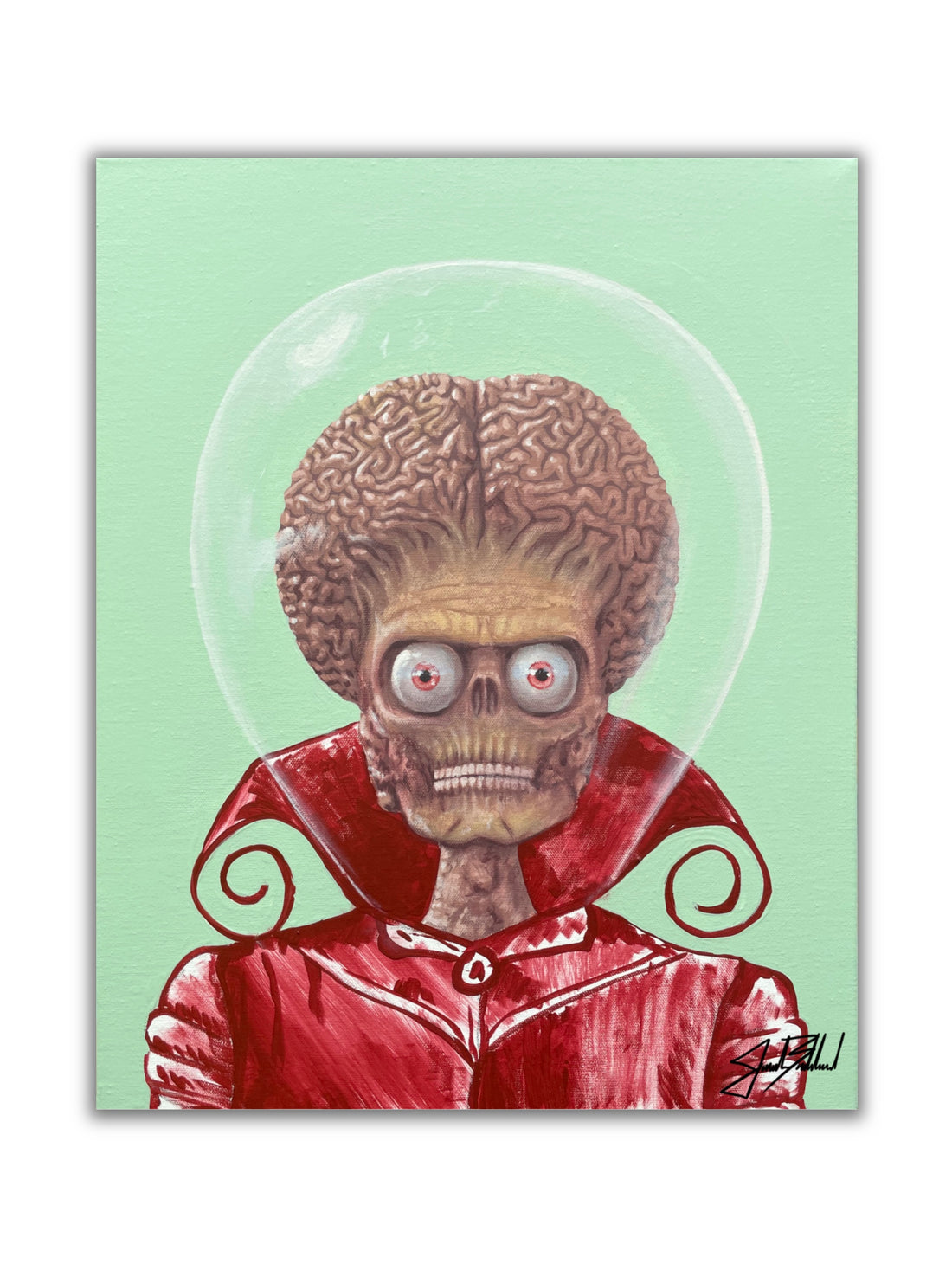 An artistic paper print representation of an alien wearing a red uniform with a clear helmet, set against a light green background.
