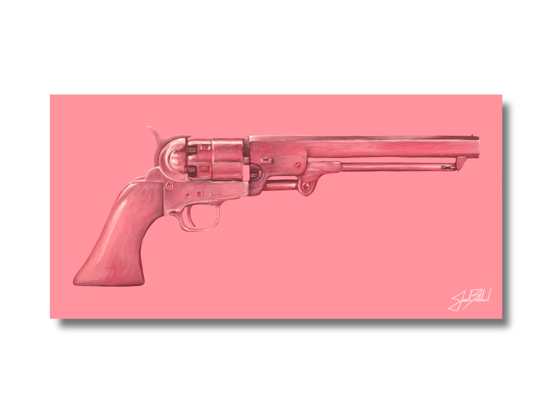 A paper print of a pink revolver on a pink background with the artist&