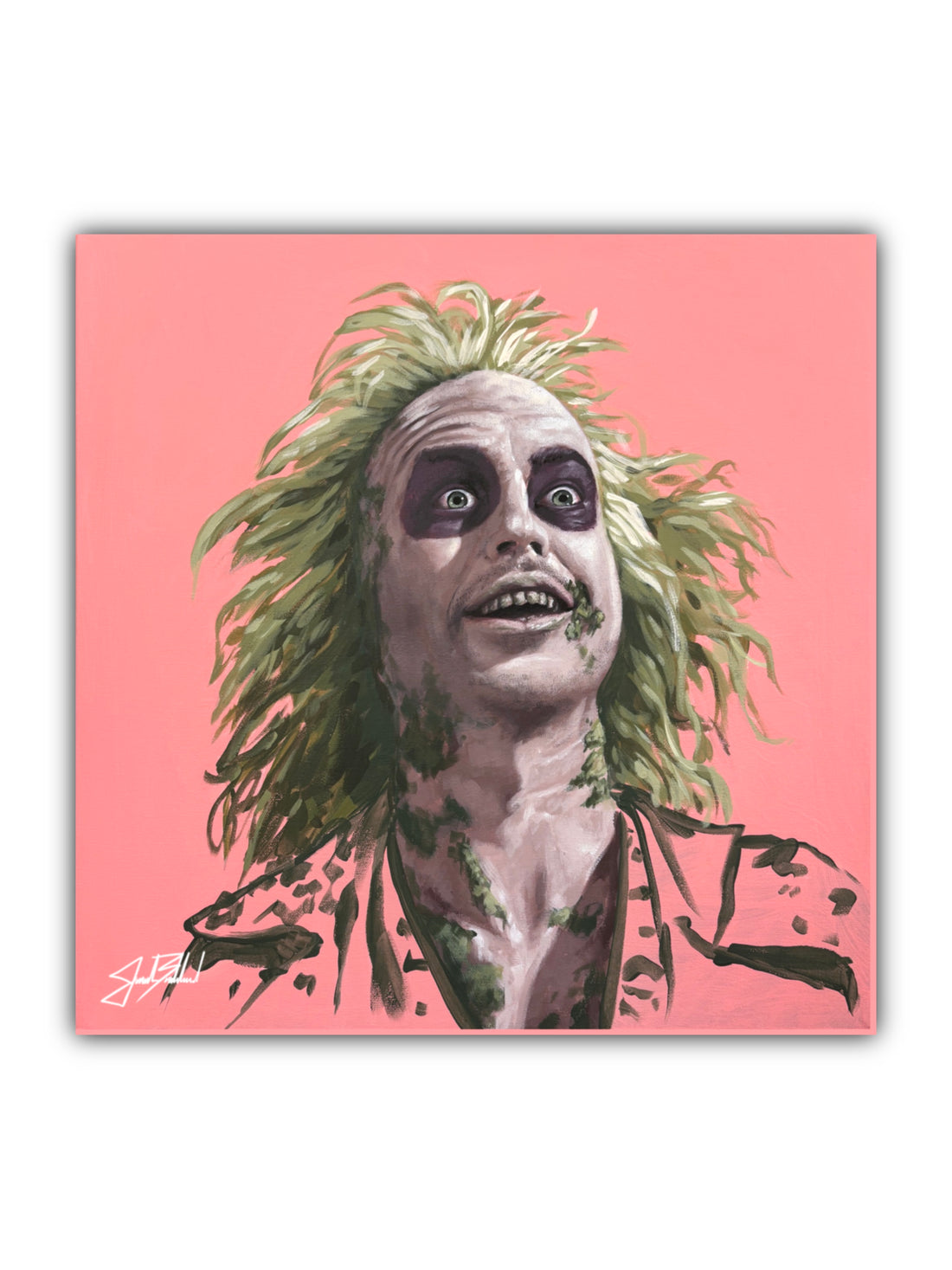 A colorful paper print of a character with green hair against a pink background, indicative of pop culture themes.