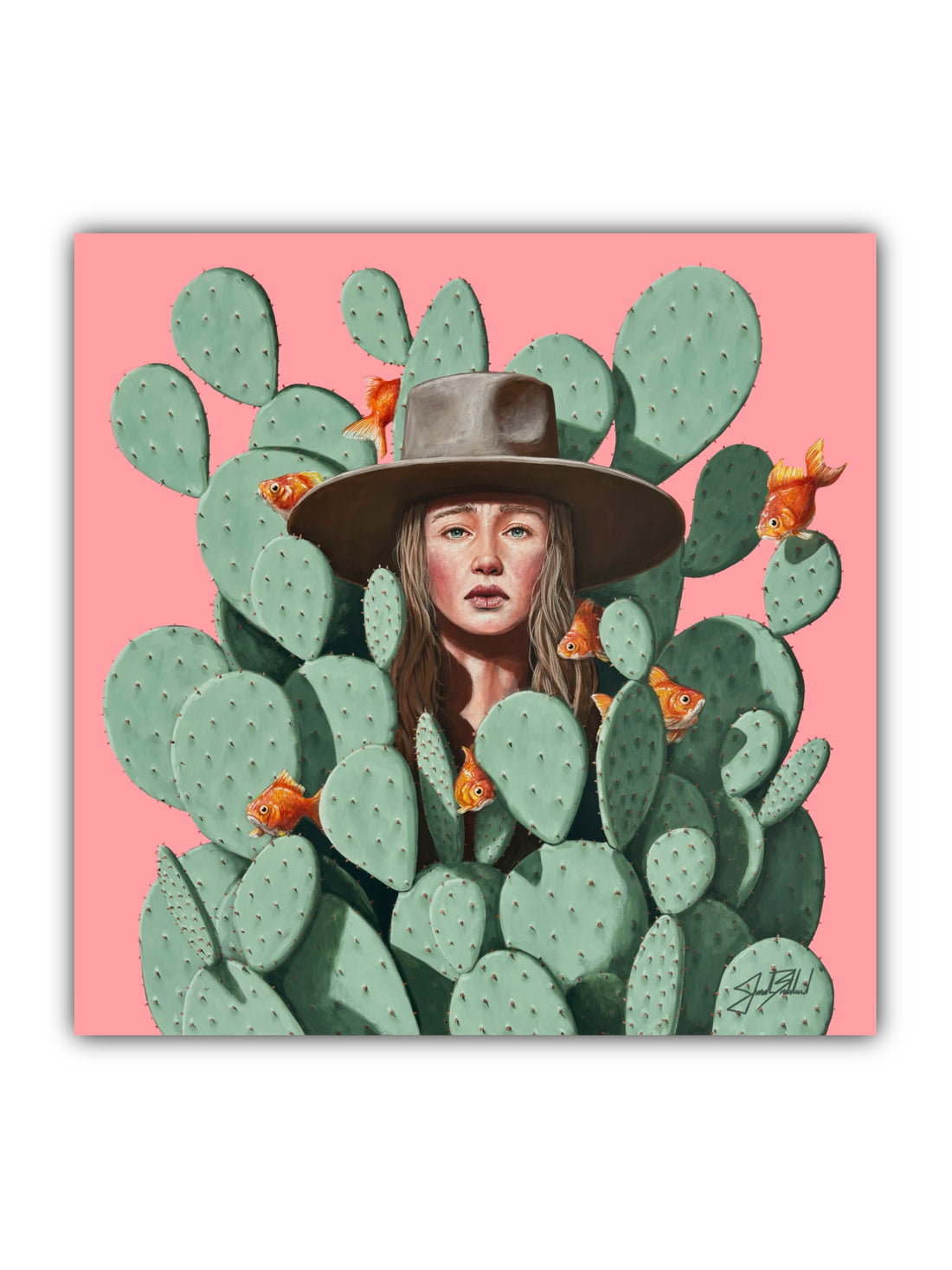 A paper print featuring a portrait of a woman with a hat, surrounded by painted cactus plants.