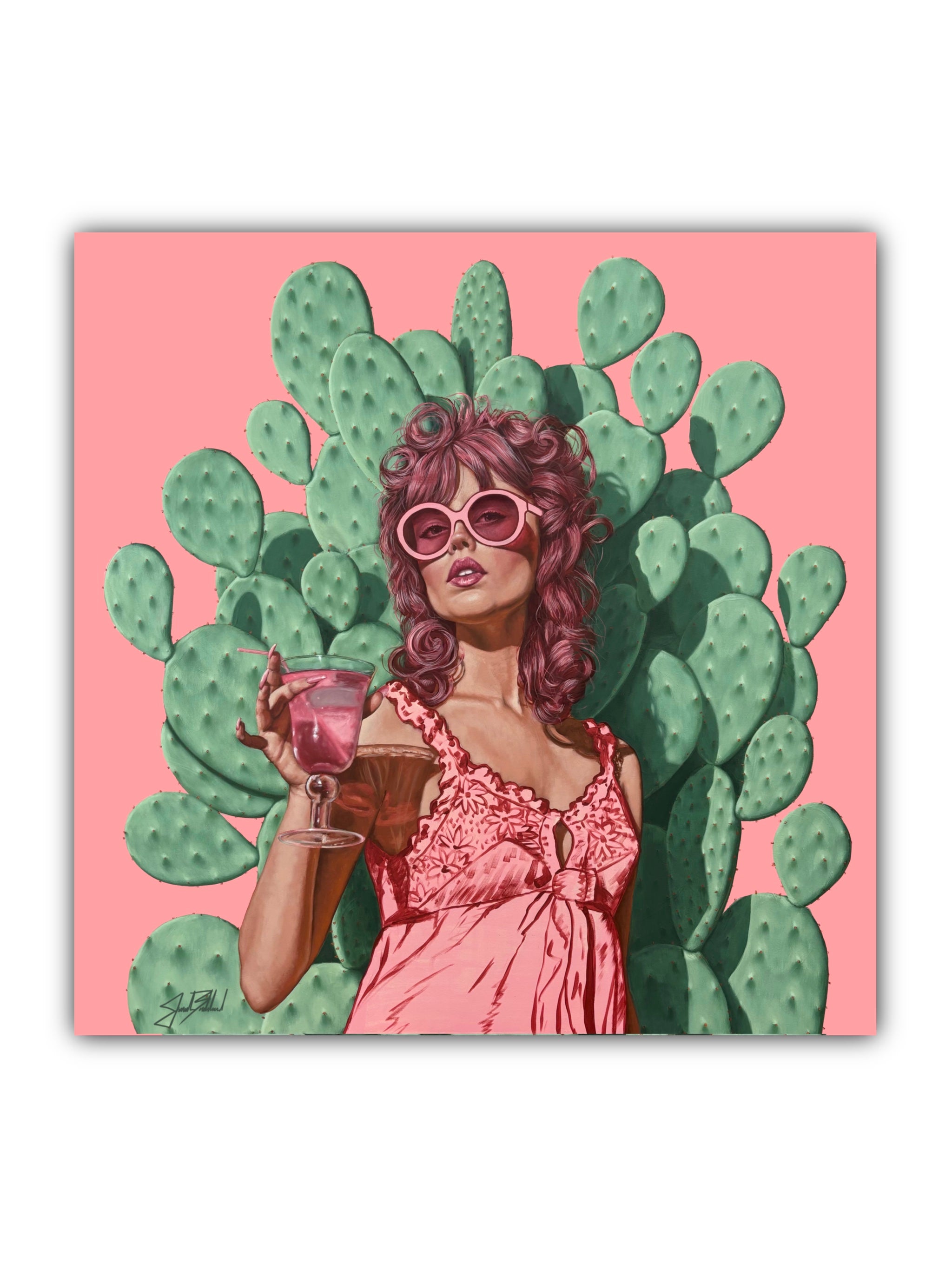 A colorful artwork of a woman in a pink dress with cactus plants in the background.