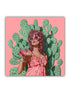 A colorful artwork of a woman in a pink dress with cactus plants in the background.