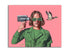 A colorful paper print of a person wearing green clothing and sunglasses, holding a video camera, with a flying duck in the background.