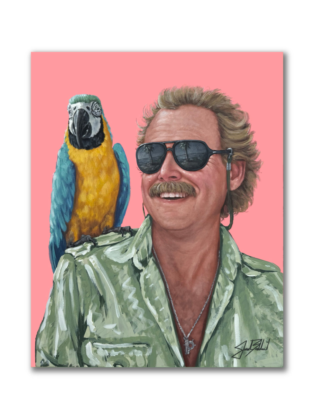 A colorful paper print illustration of a man with a parrot on his shoulder, wearing sunglasses and a green shirt, against a pink background.