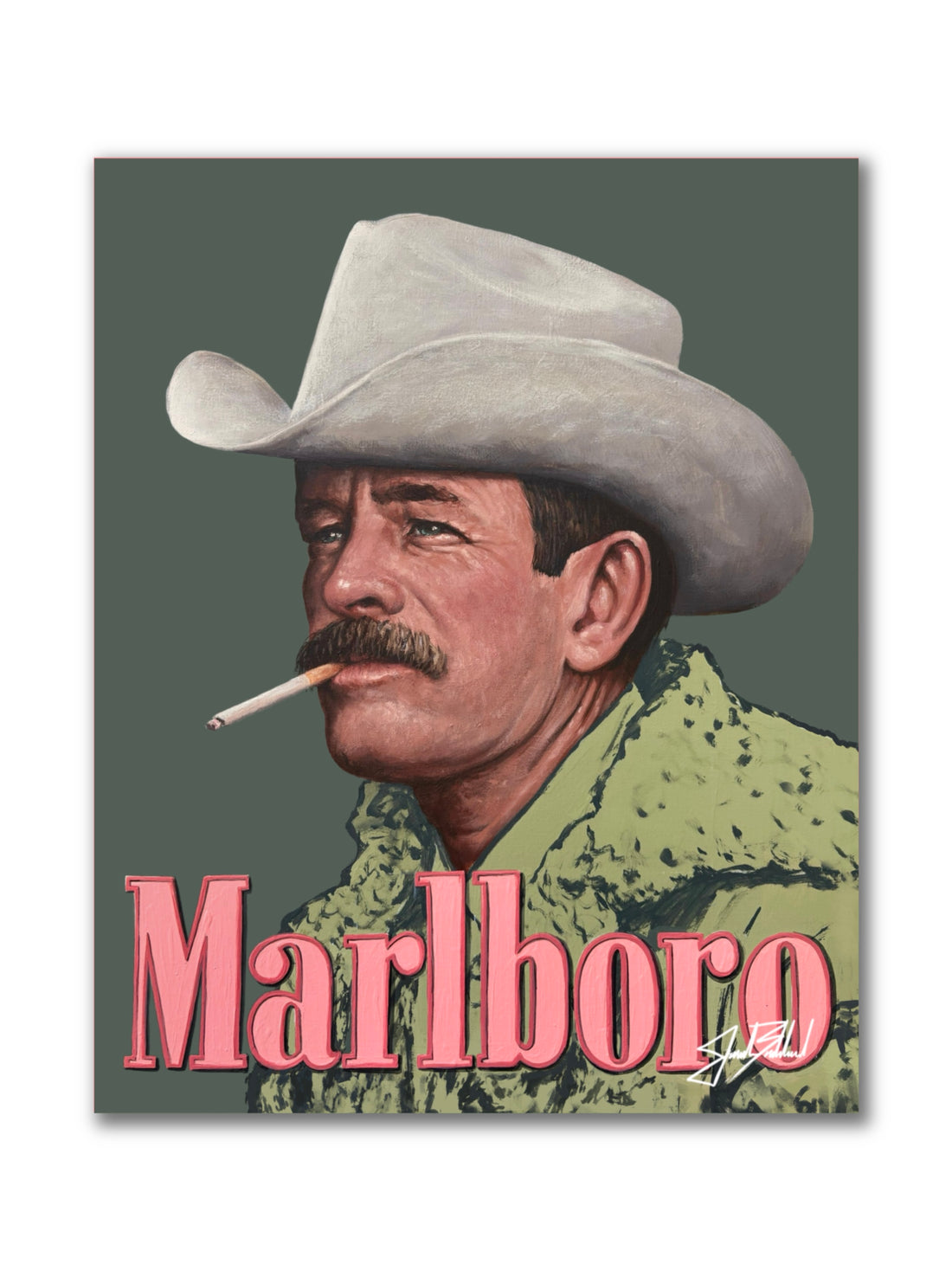 A paper print of a male figure wearing a cowboy hat with the Marlboro brand name prominently displayed.
