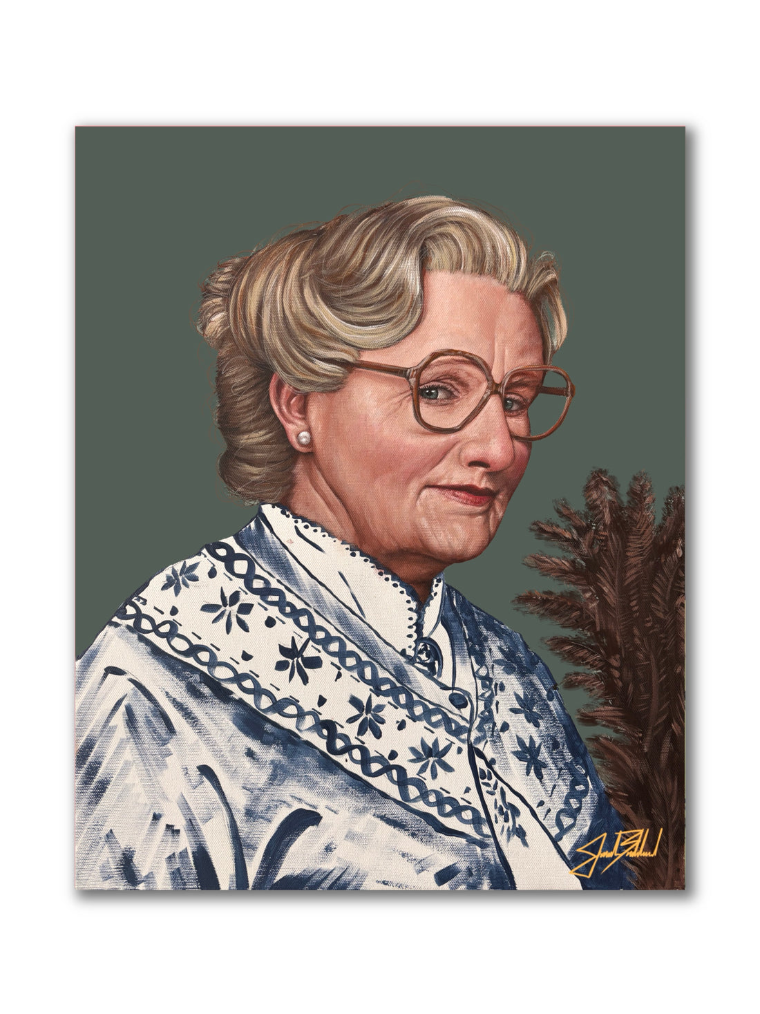 An artistic portrait of the character Mrs. Doubtfire, played by Robin Williams, in a movie-inspired artwork.