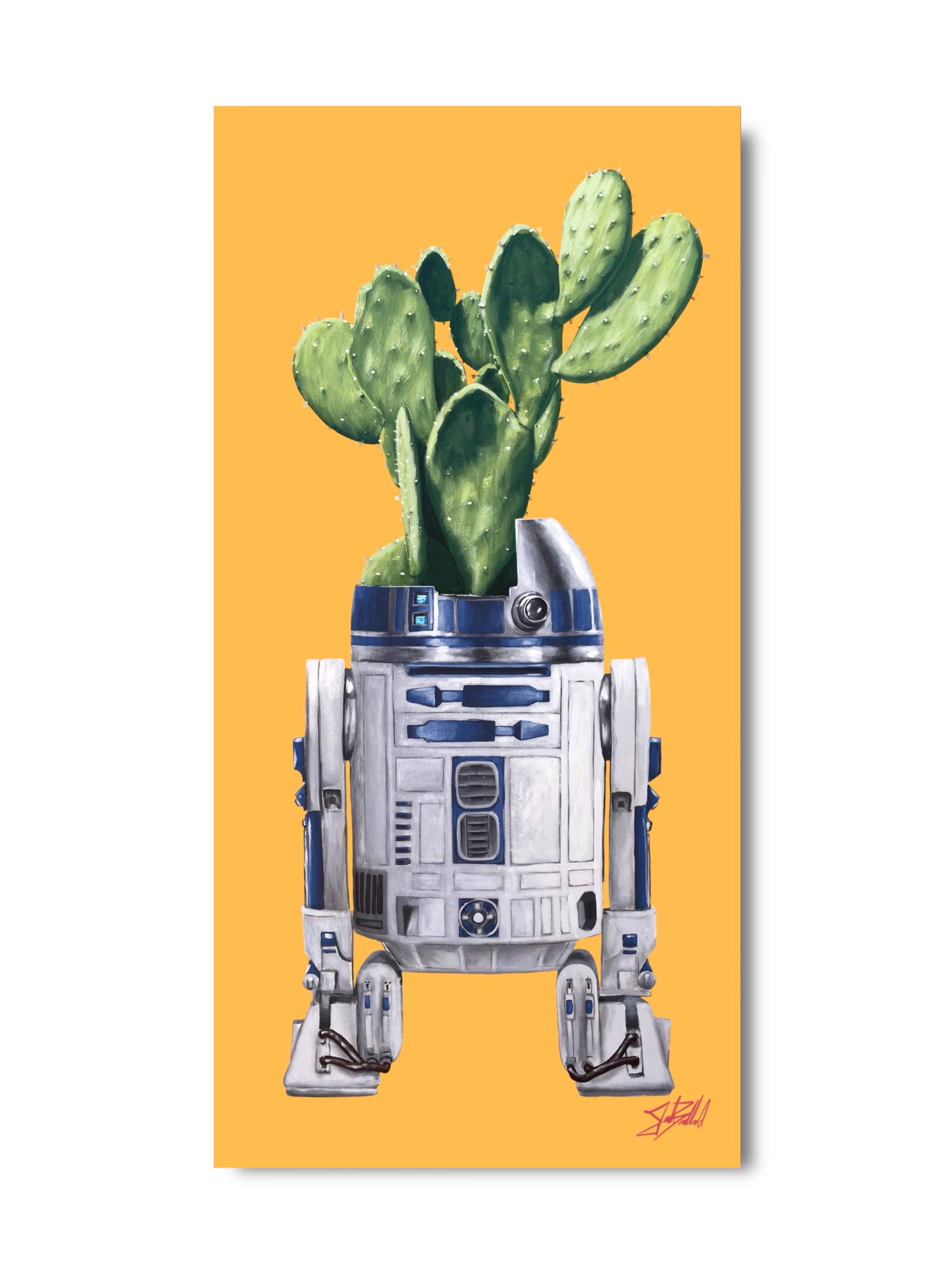 A paper print featuring a hand-painted illustration of R2D2, a robot from Star Wars, with a green cactus on top, set against a yellow background.