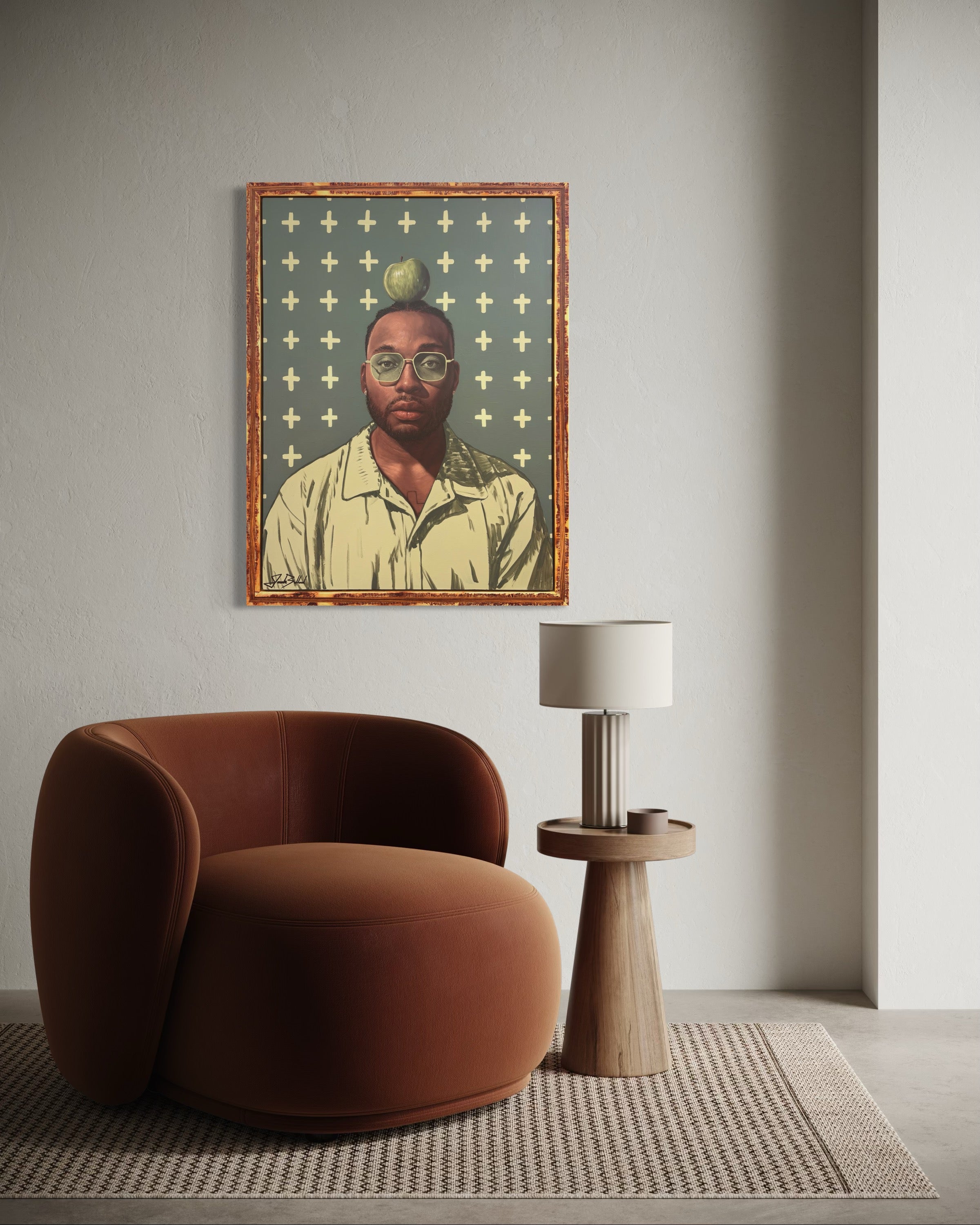 Modern interior with a brown chair, side table, and framed artwork on the wall.