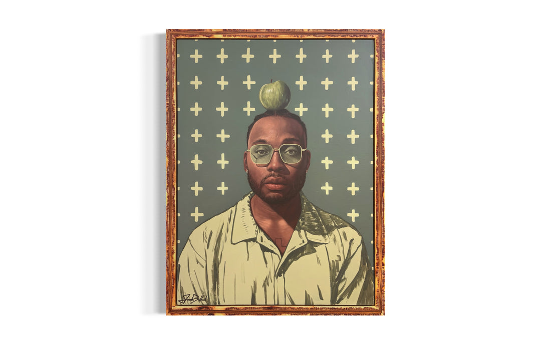 Framed artwork of a man with an apple on their head against a geometric patterned background