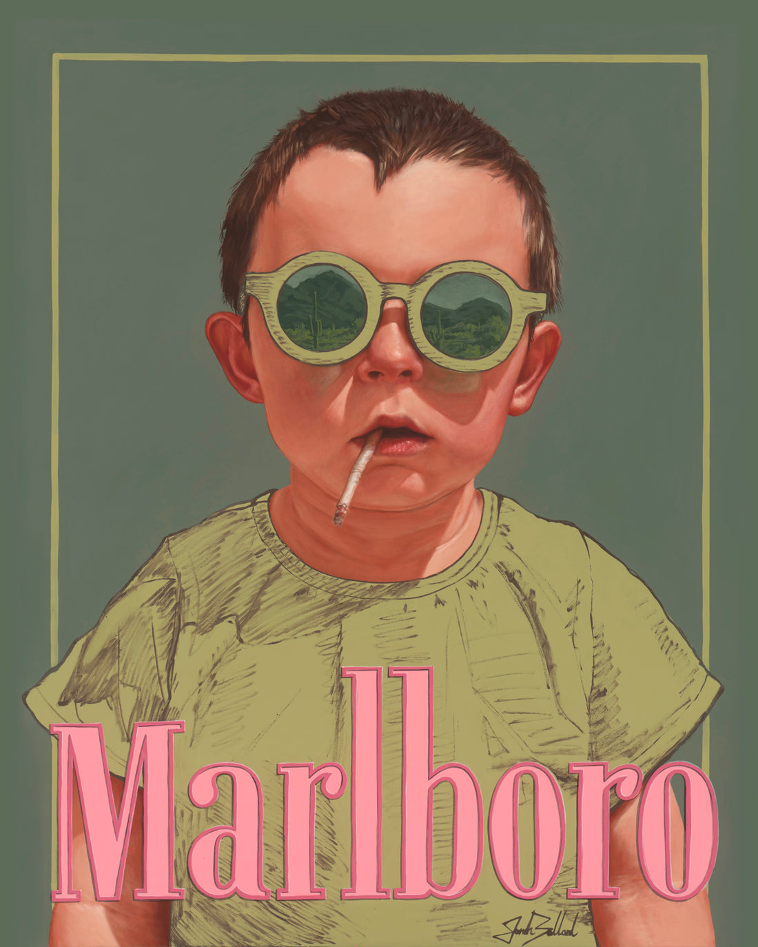 A canvas print of a stylized painting depicting a young child with sunglasses holding a cigarette, with the brand name &