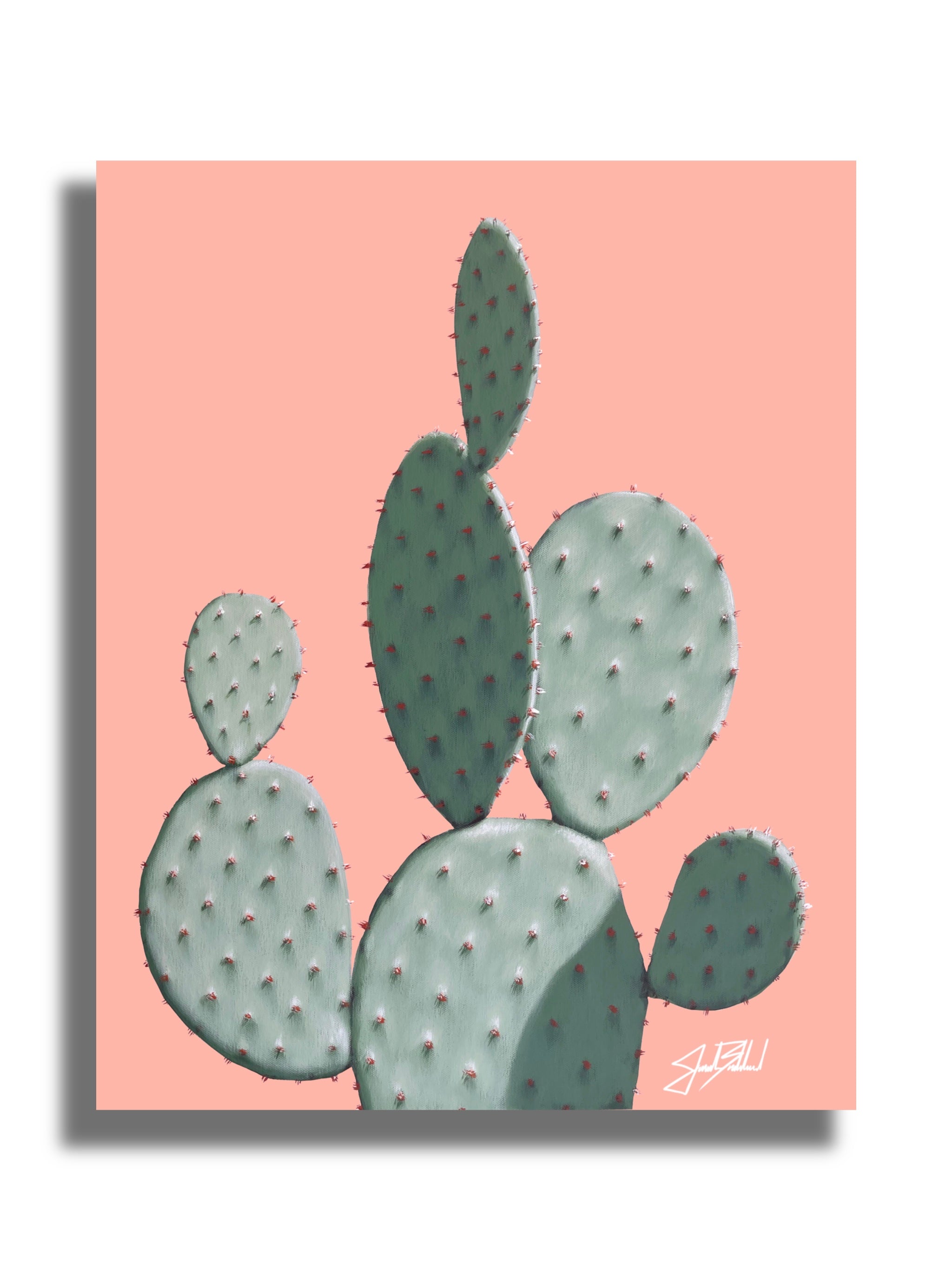 A paper print of a pastel-colored prickly pear cactus with green spiky leaves on a pink background, signed by Jonah Ballard