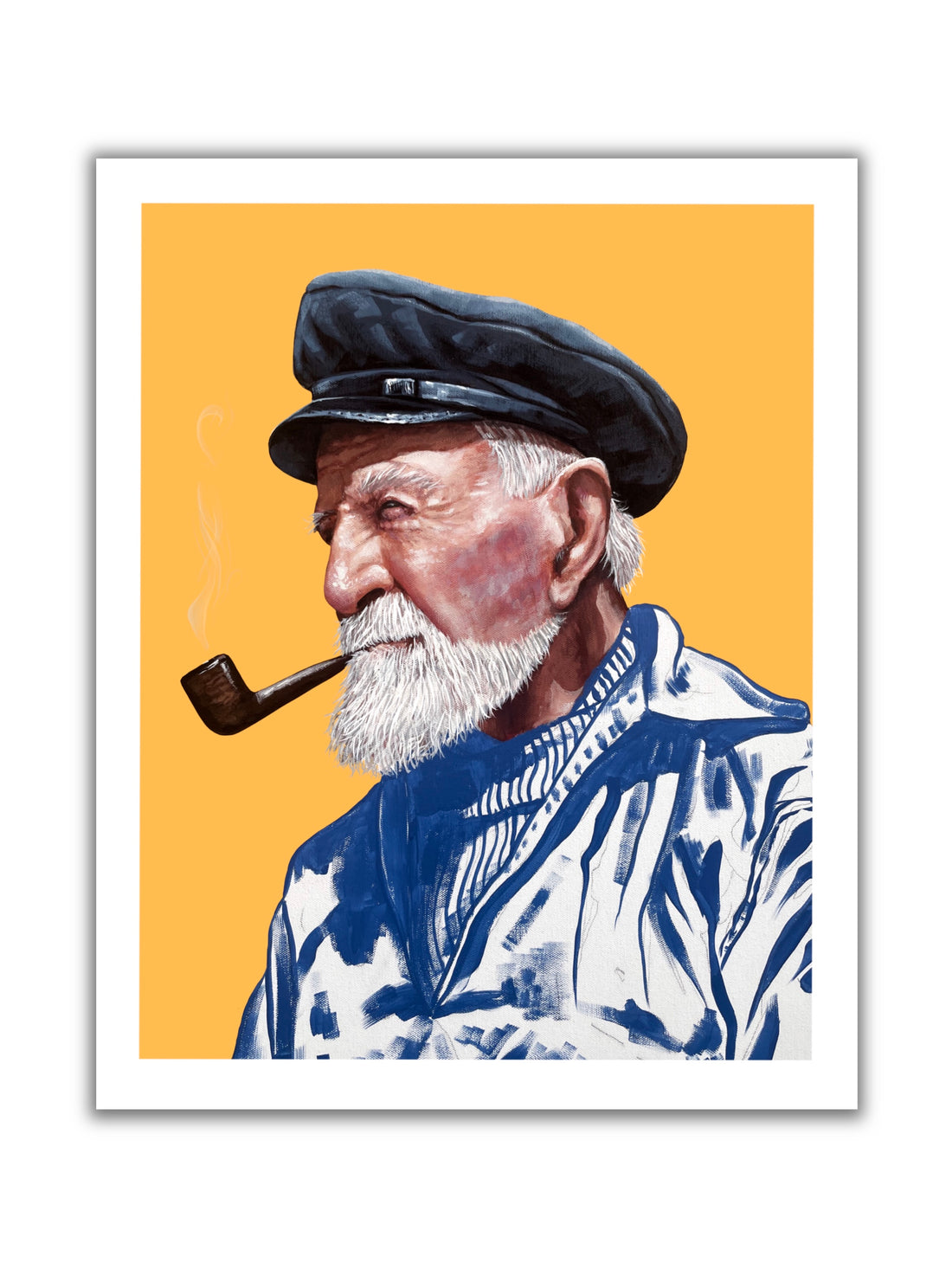 A paper print of an older man with a white beard wearing a sailor&