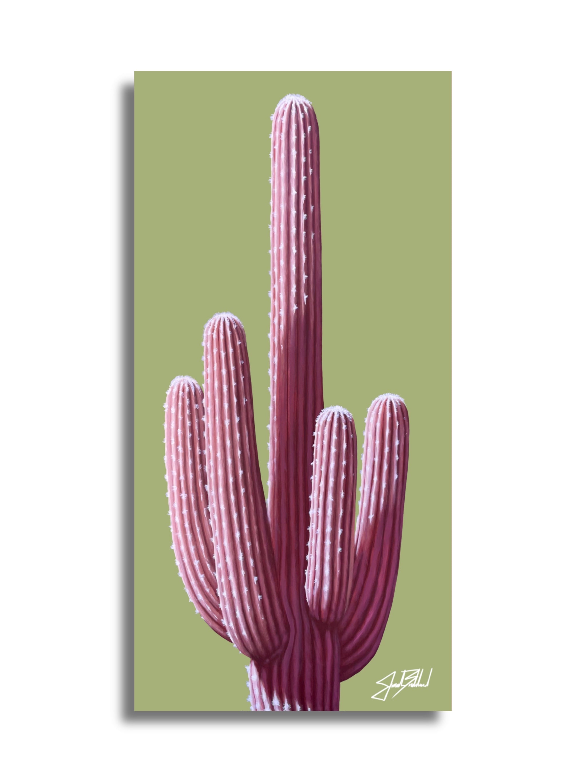 A vertical paper print of a pink saguaro cactus against a green background, signed by Jonah Ballard