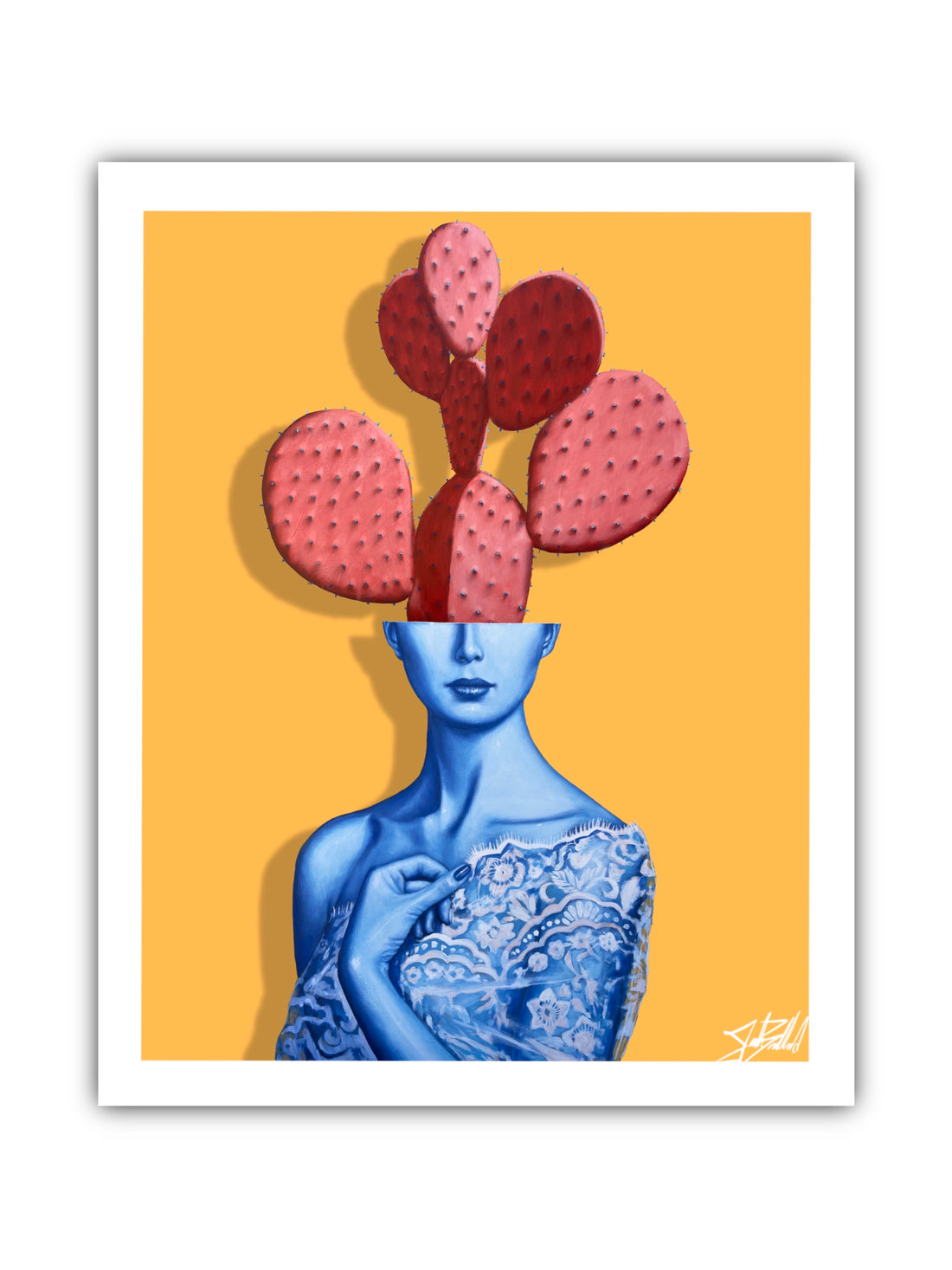 Artistic paper print featuring a stylized female figure with a blue body and a head resembling a cactus with pink fruits against an orange background.
