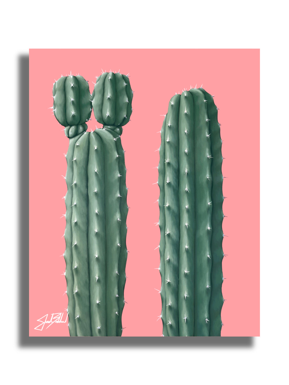 A paper print featuring two stylized green cactus plants against a pink background, signed by the Jonah Ballard