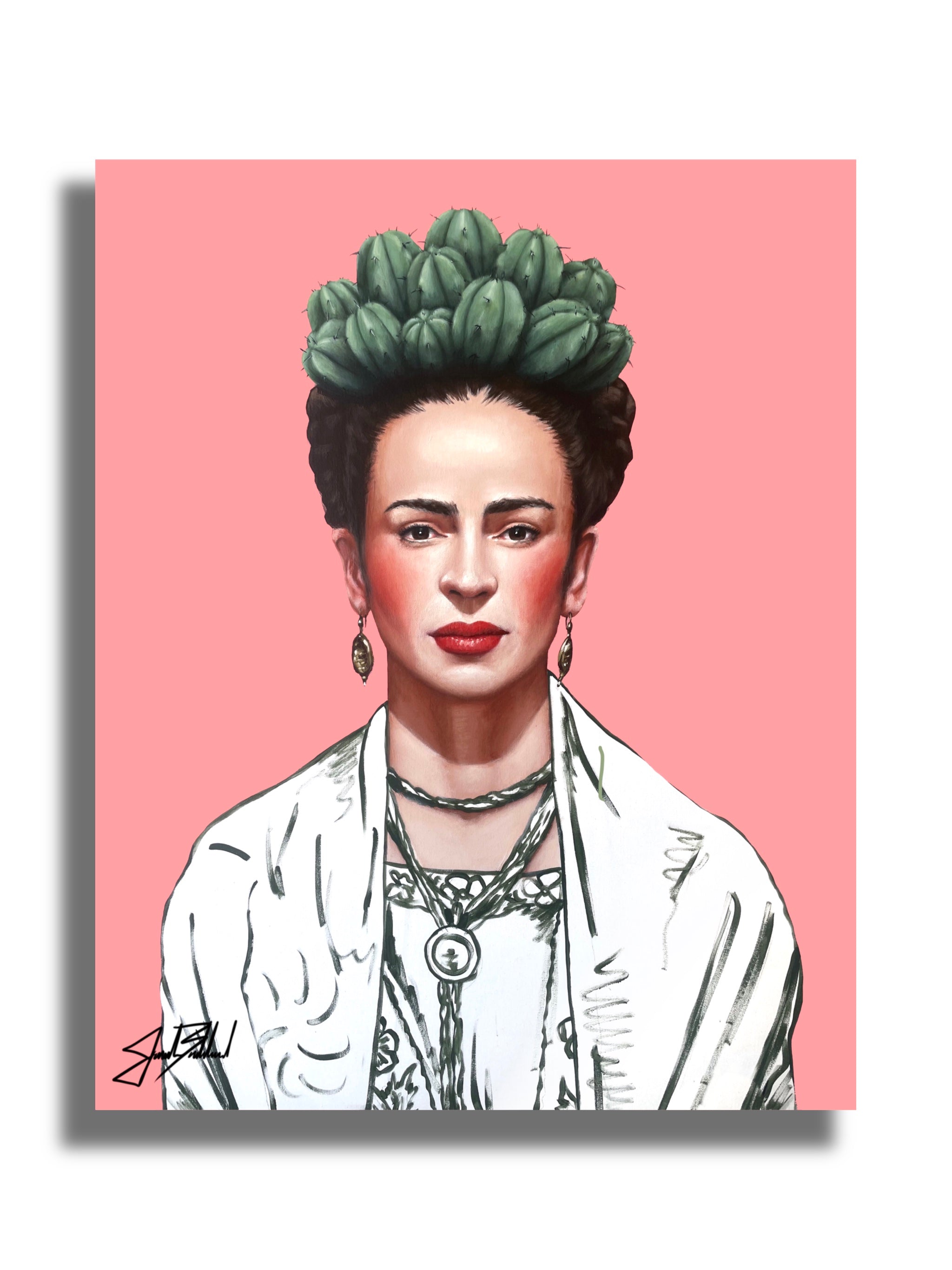 A paper print of a stylized portrait featuring a woman with a prominent green headdress against a pink background.