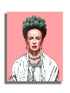 A paper print of a stylized portrait featuring a woman with a prominent green headdress against a pink background.
