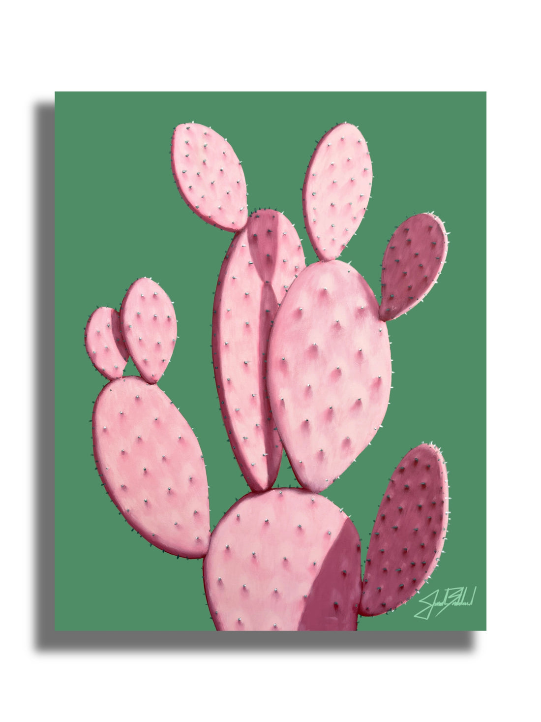 A paper print of a pink prickly pear cactus with green background.