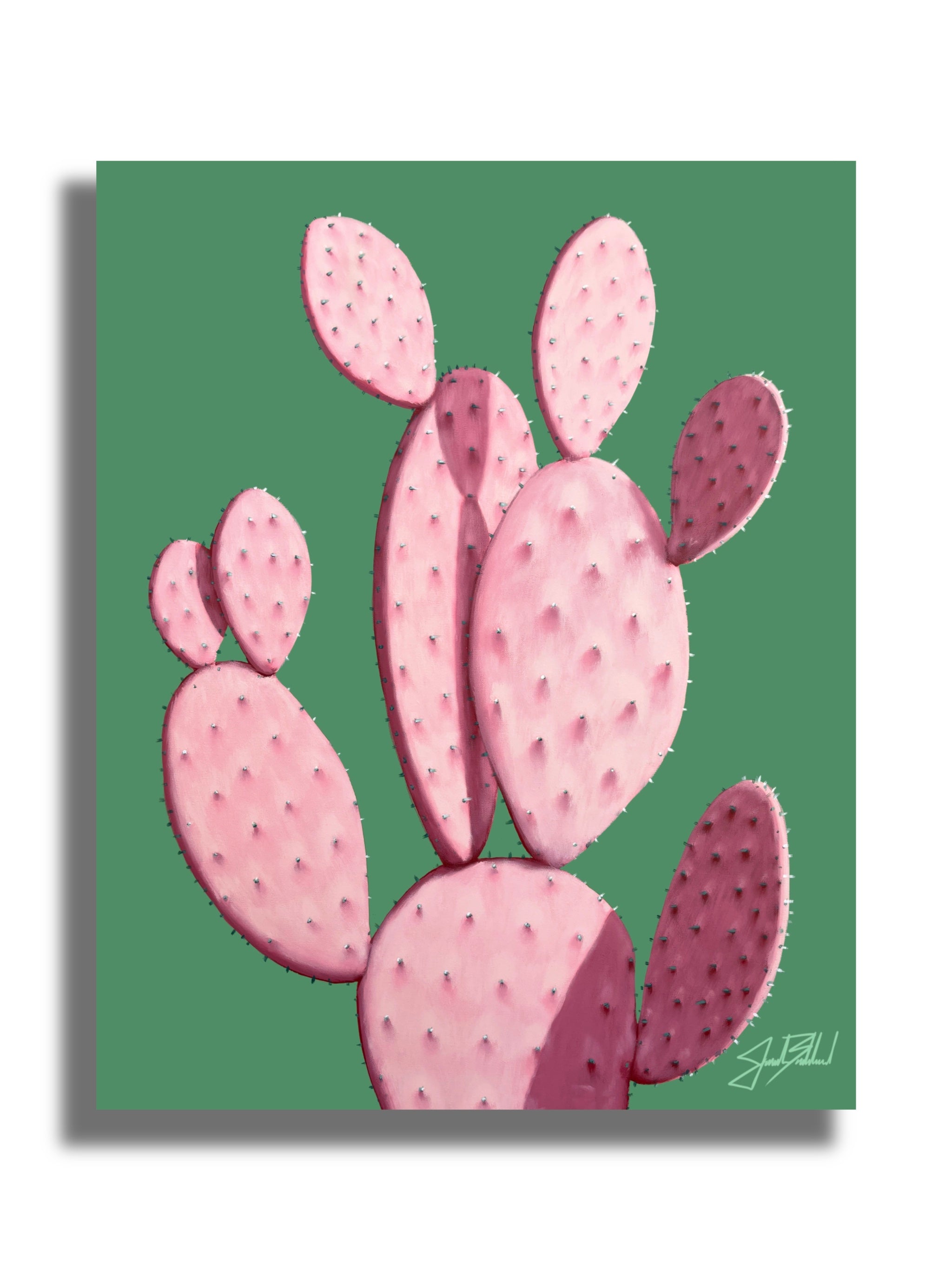 A paper print of a pink prickly pear cactus with green background.