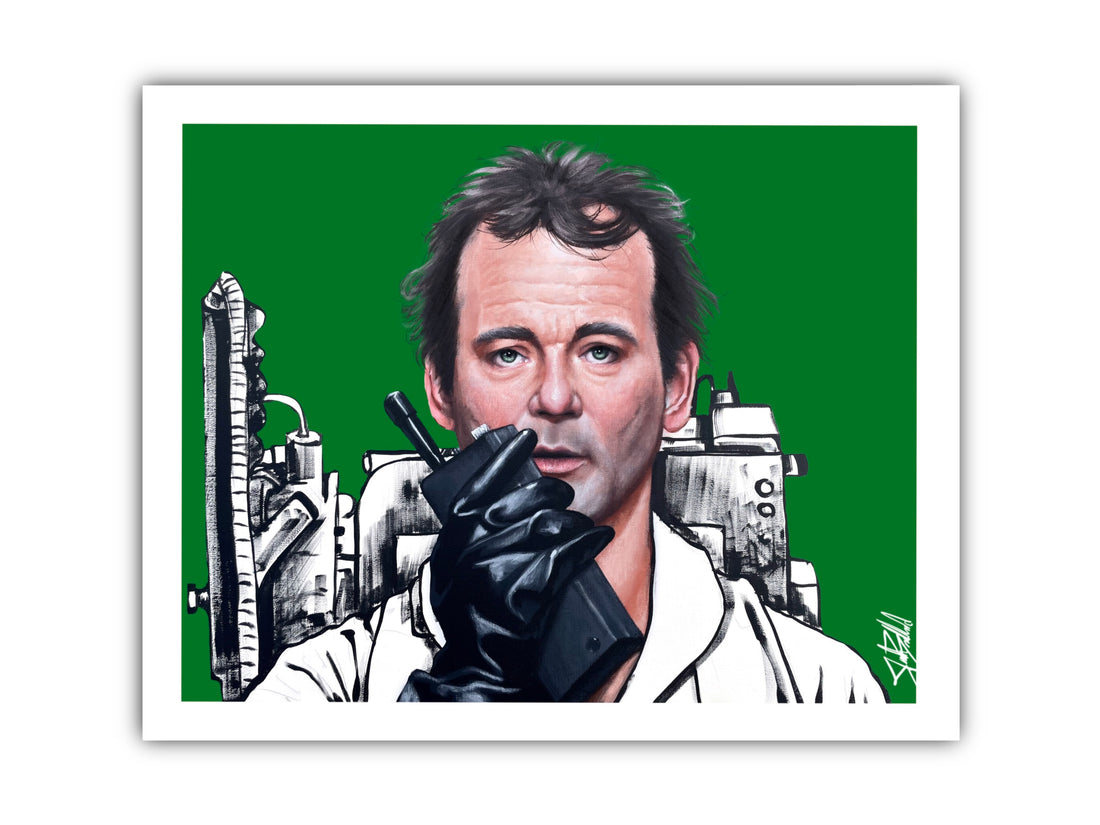 A colorful paper print of a male character from a movie, portrayed in a pop art style with a green background.