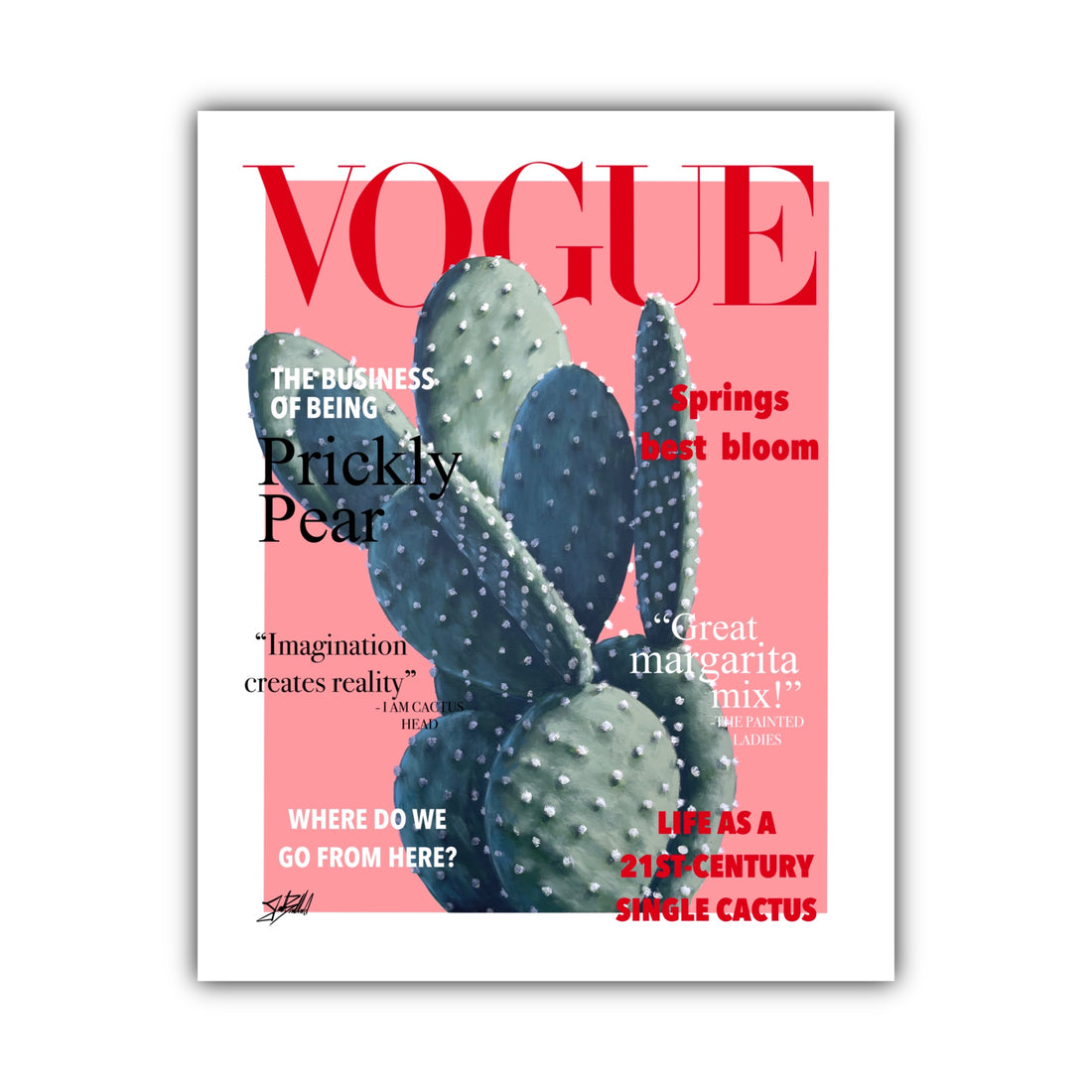 A Vogue magazine cover paper print featuring a cactus with a pink background and text elements.
