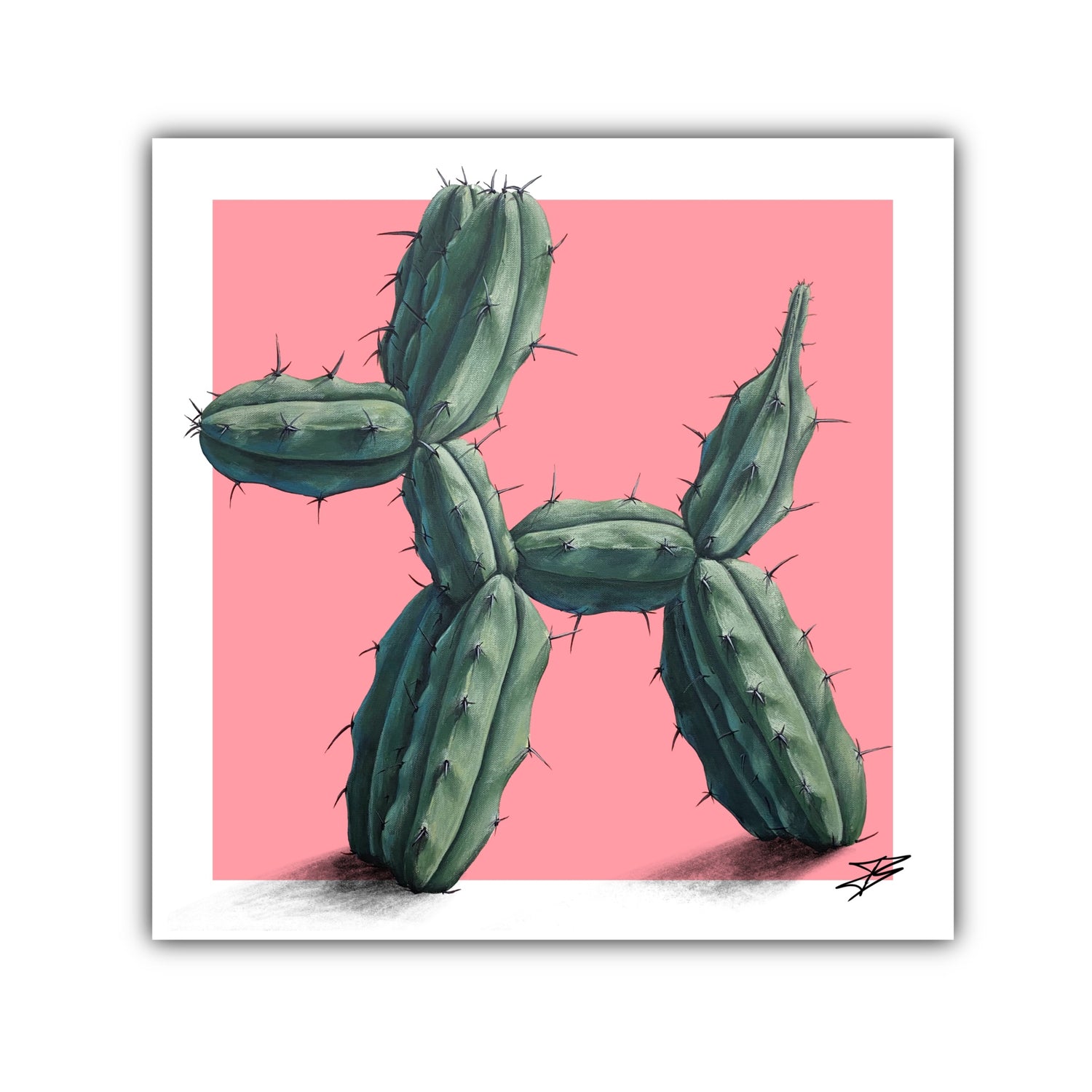 A paper print of a cactus-shaped balloon with a pink background.