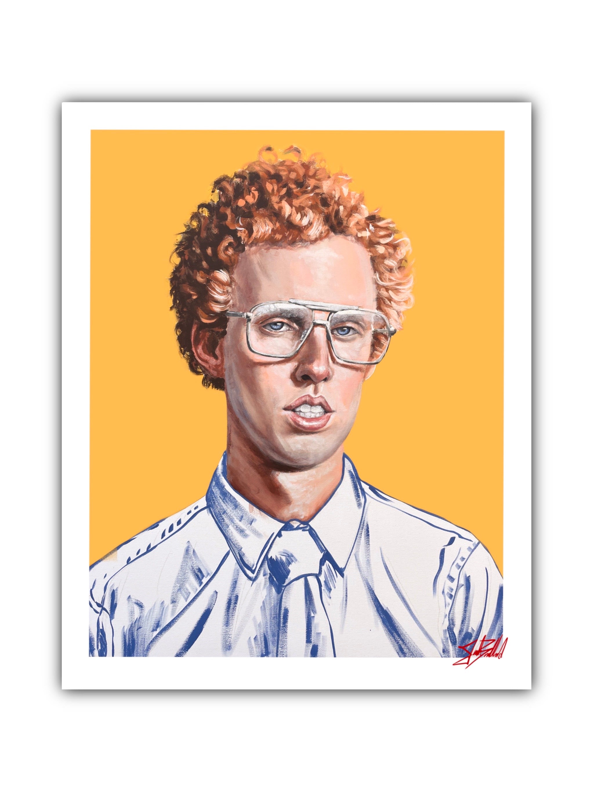 A paper print of a pop culture character, depicting a person with curly red hair and glasses against an yellow background.