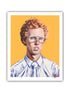 A paper print of a pop culture character, depicting a person with curly red hair and glasses against an yellow background.