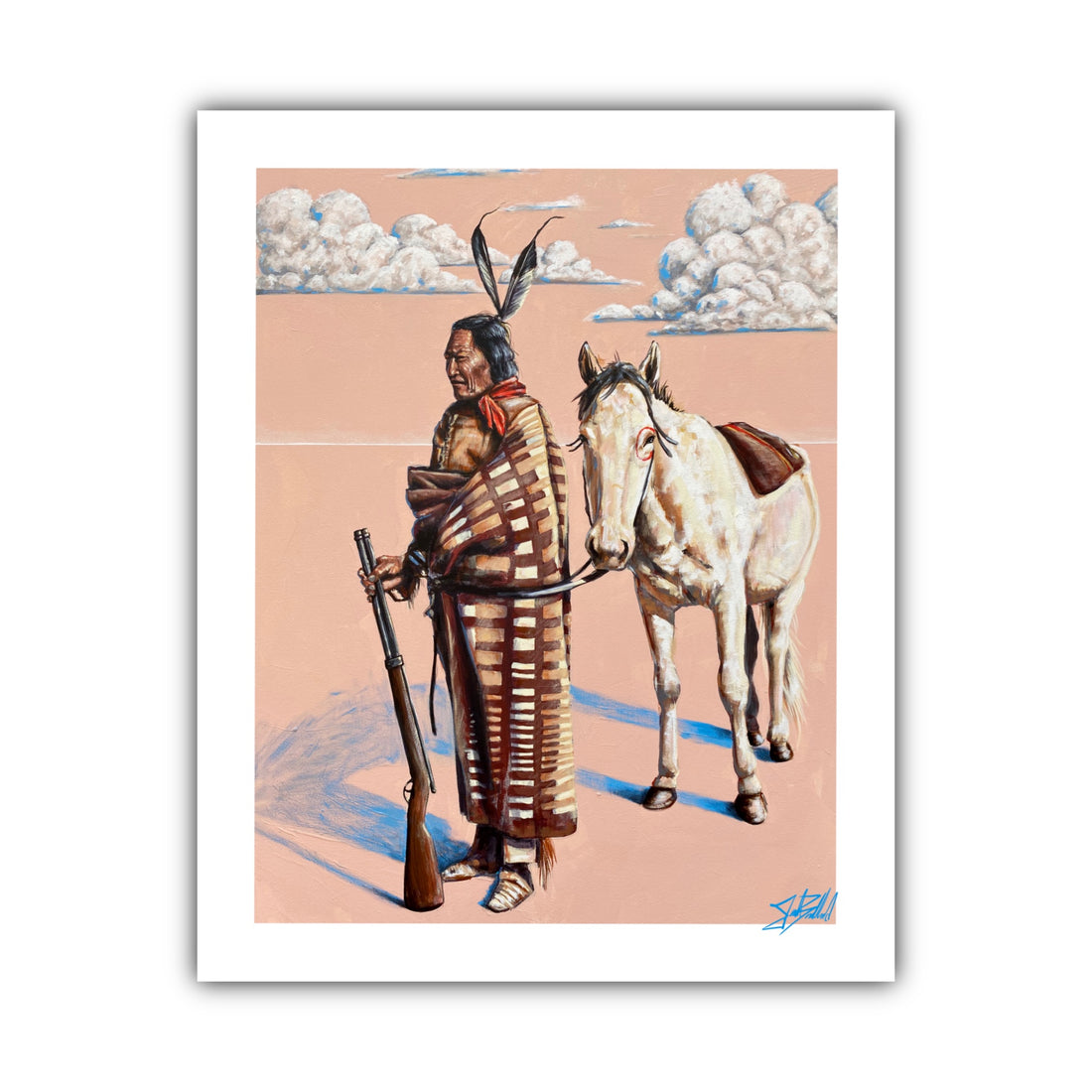A paper print depicting a Native American figure standing next to a horse, set against a sky background.