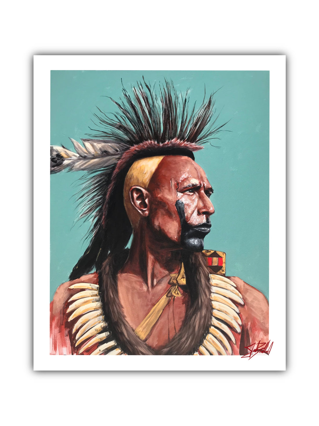 A paper print of a Native American wearing a traditional headdress, predominantly in shades of blue and beige.