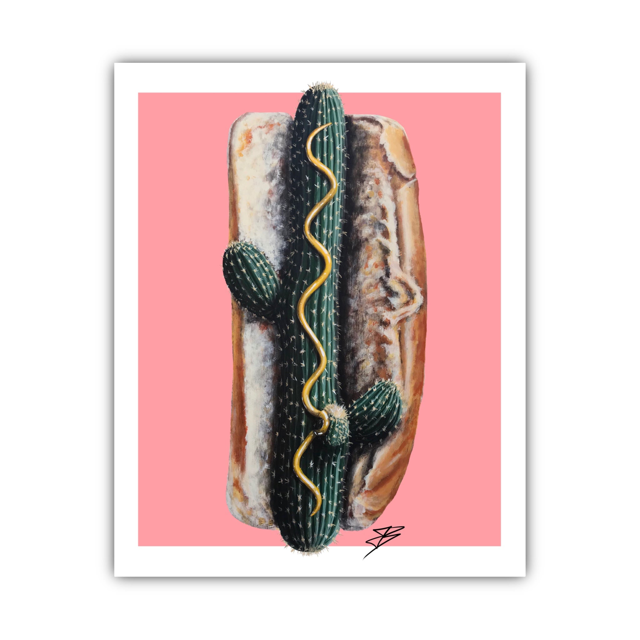 An artistic representation of a hot dog made of cactus, printed on paper with a pink background.