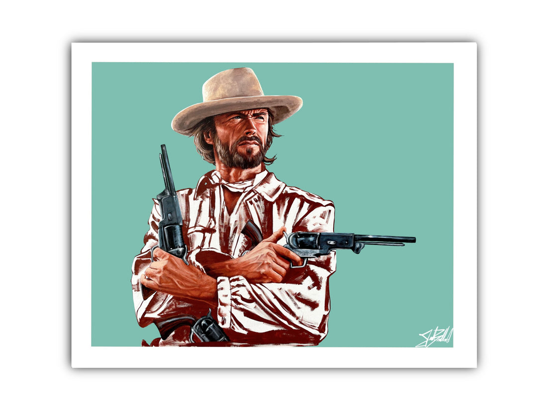 An illustrated paper print of a character from the western-themed movie &