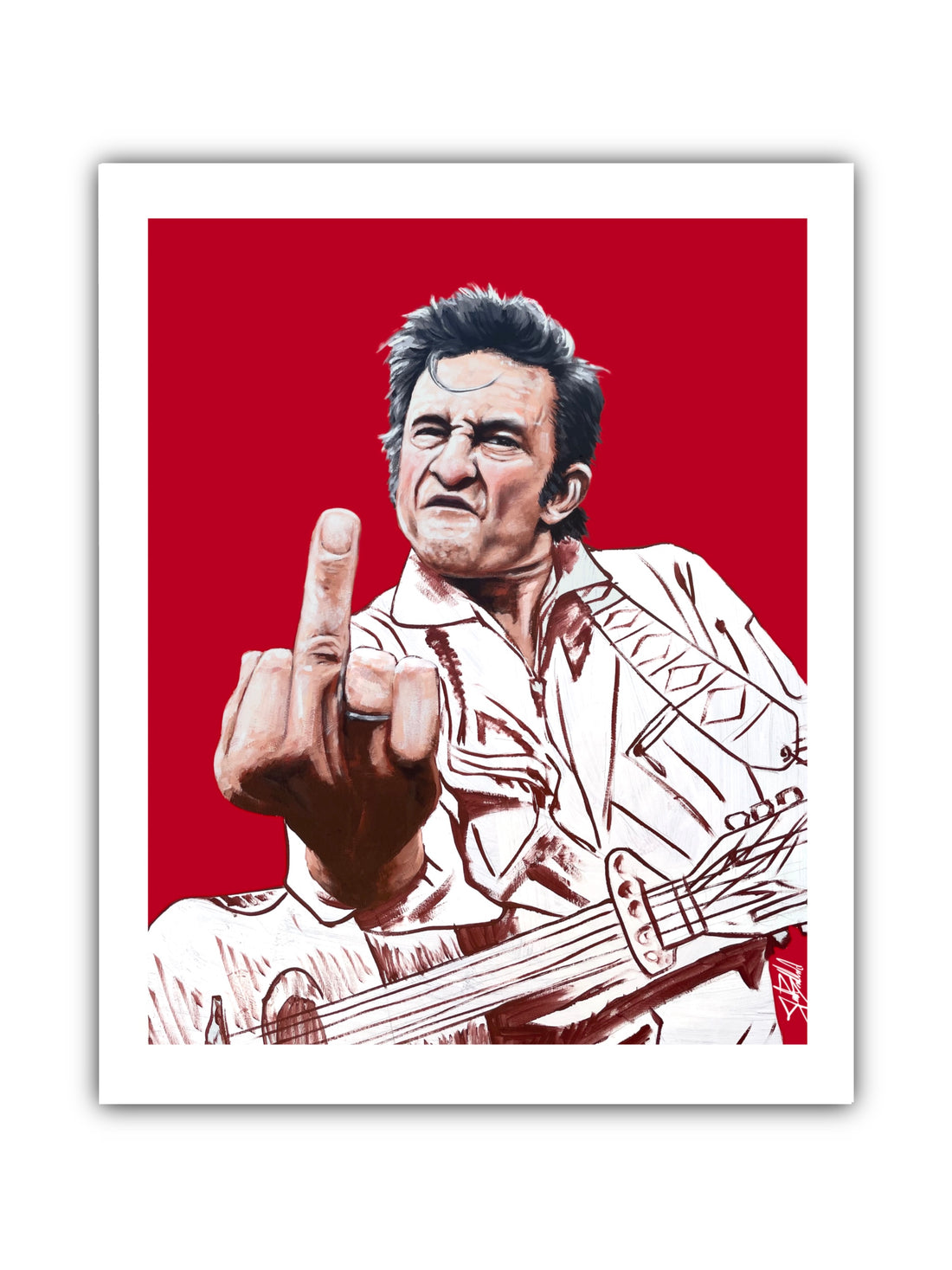 A paper print of a musician making a hand sign, with red and white colors predominately featured.