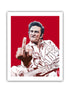 A paper print of a musician making a hand sign, with red and white colors predominately featured.