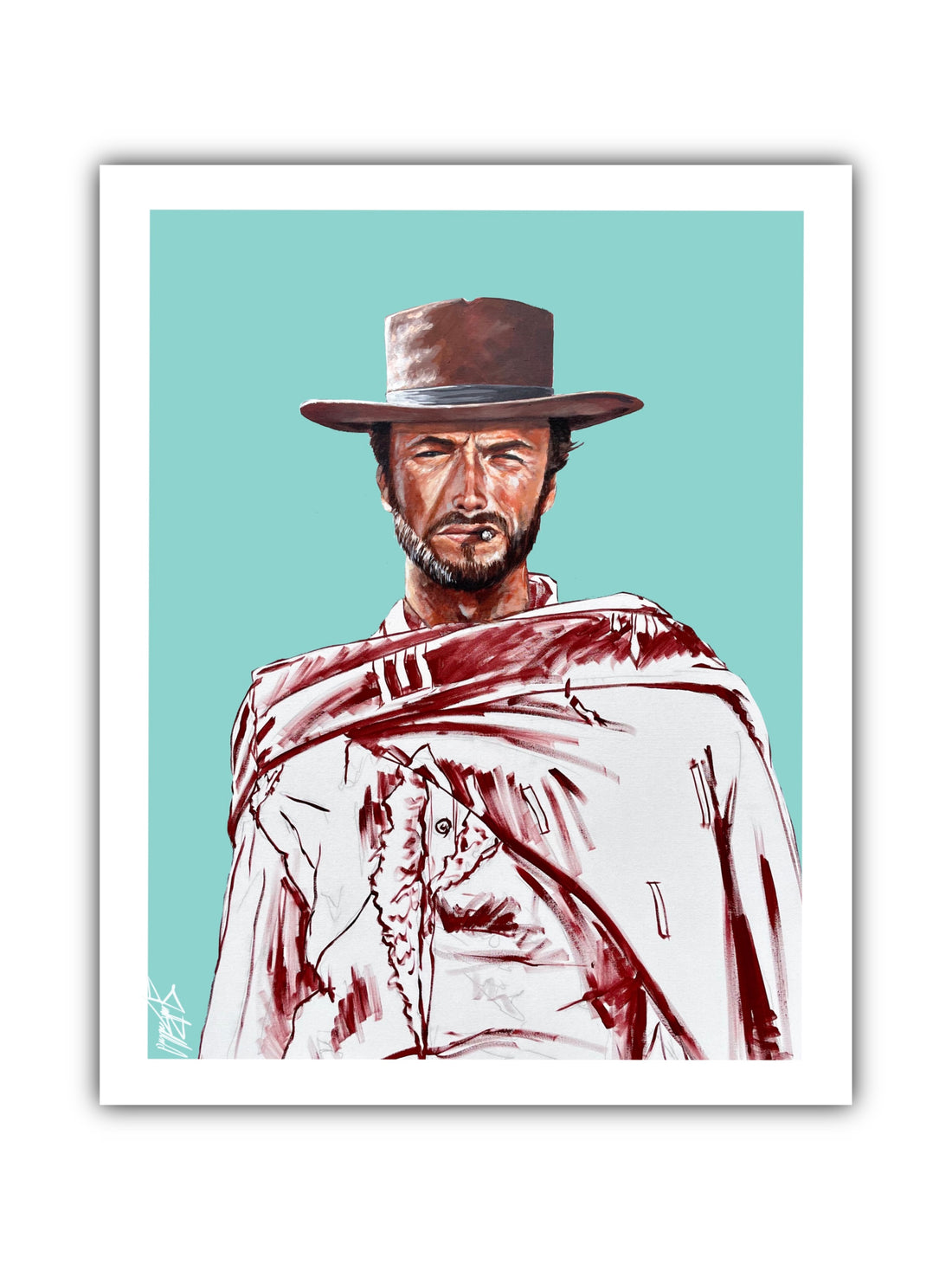 A paper print of a cowboy man in a portrait style with a predominantly beige and light blue color scheme, original artwork hand painted with acrylic