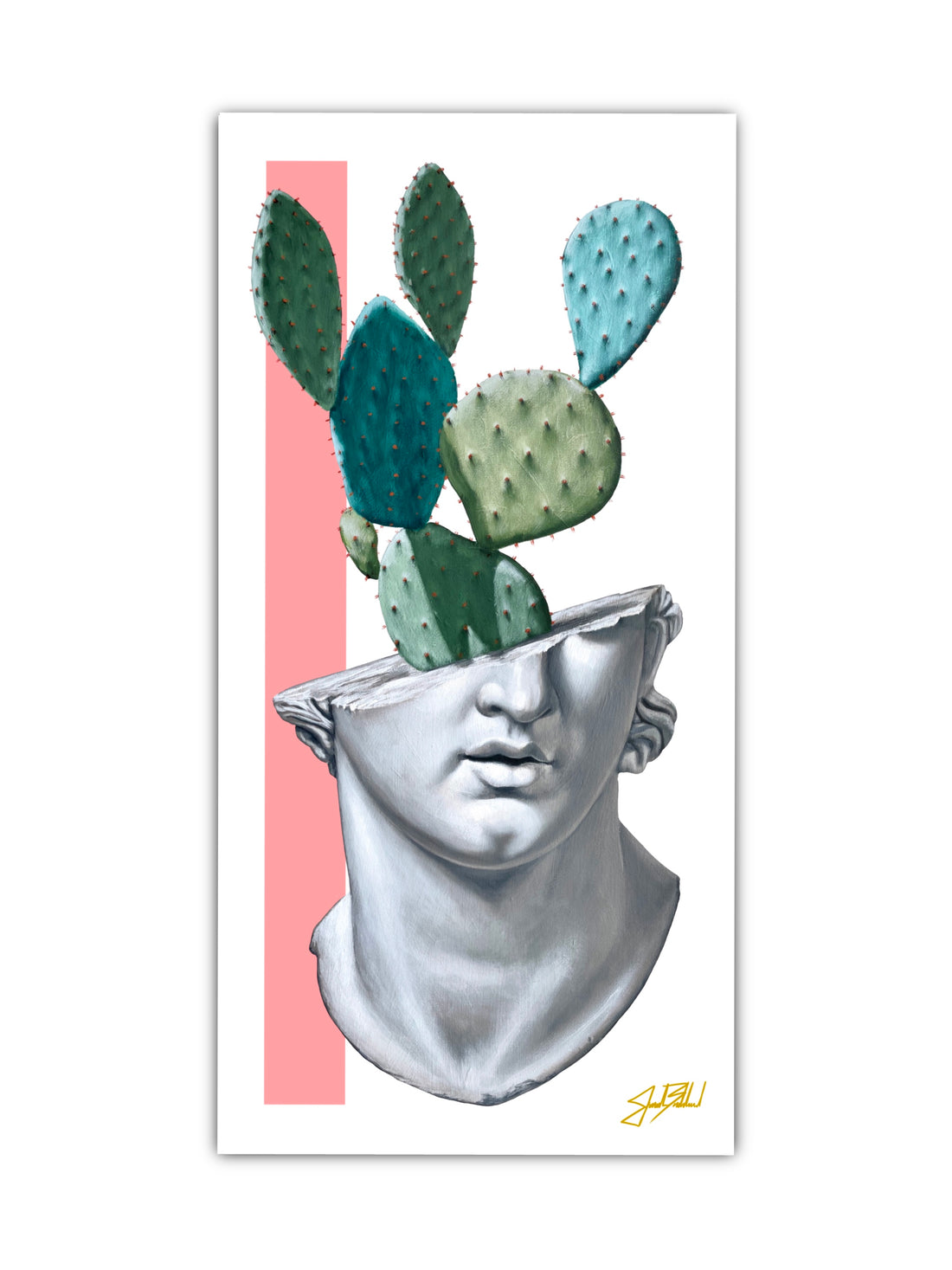 Broken greek-inspired statue with cactus emerging from head. Against a white background with pink accent.